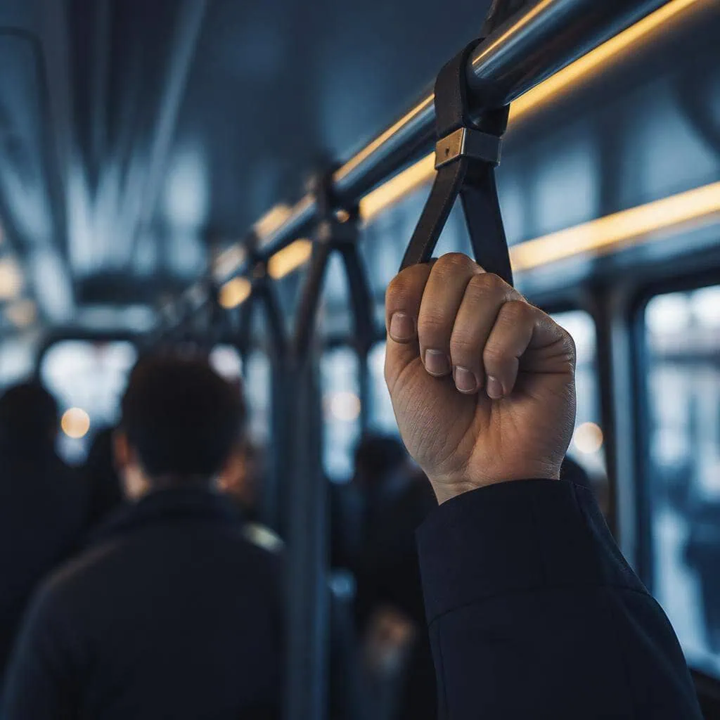 Pasajero sujetándose en el interior de un autobús