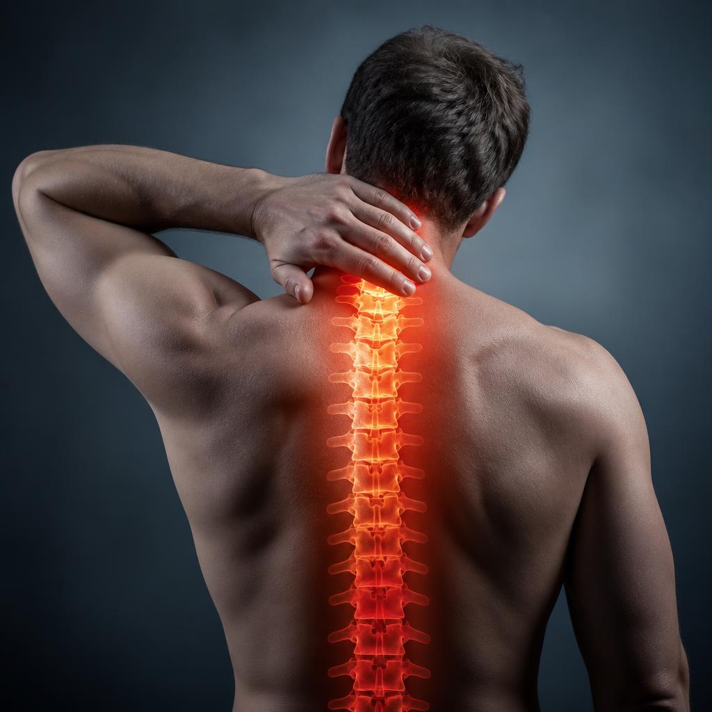 Espalda de un hombre con la columna vertebral resaltada por una lesión